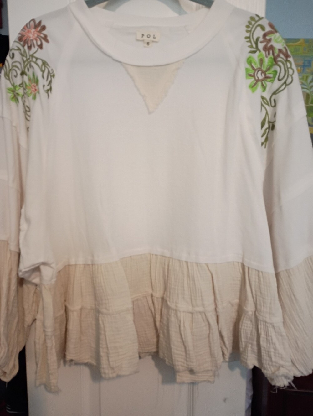 POL White Peasant Sweatshirt with Green & Brown Floral Embroidery